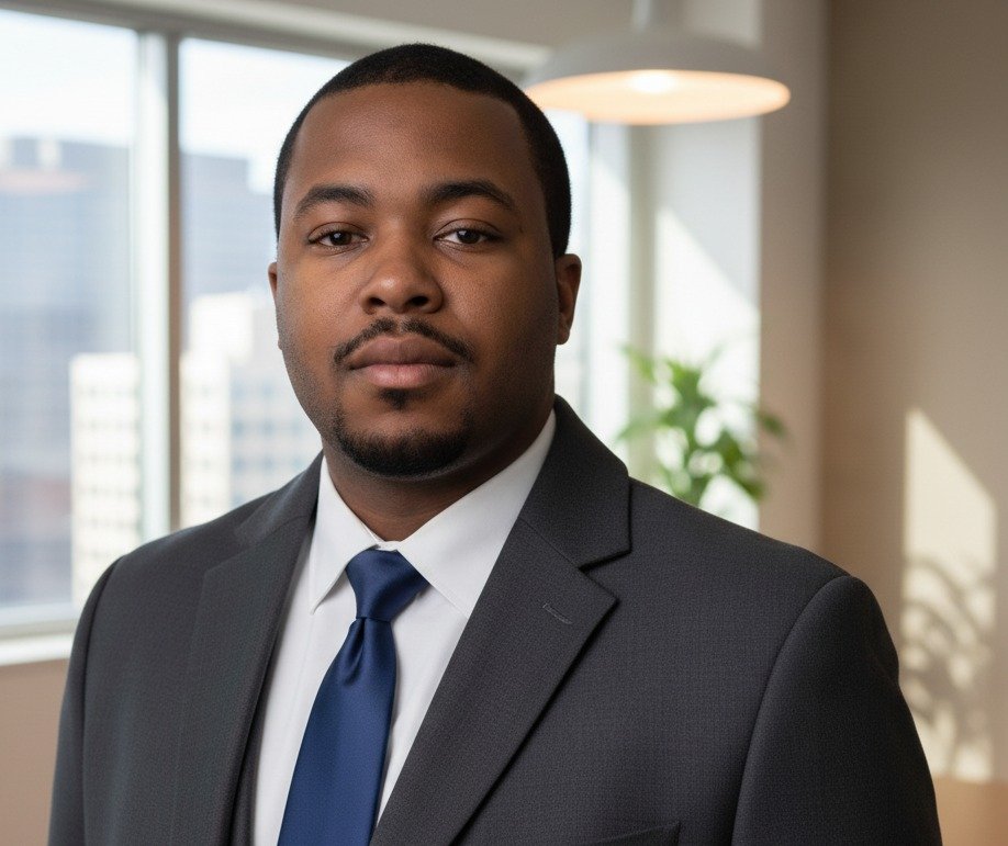 Karon Bowser, Full-Stack Software Engineer, wearing a charcoal suit and blue tie, positioned in a modern office environment with large windows and a pendant light fixture visible in the background, displaying a confident and professional demeanor